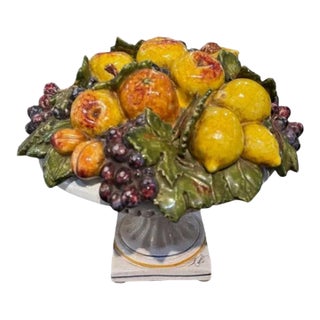 Vintage Round Italian Colorful Hand Painted Ceramic Majolica Fruit Basket With Lid For Sale