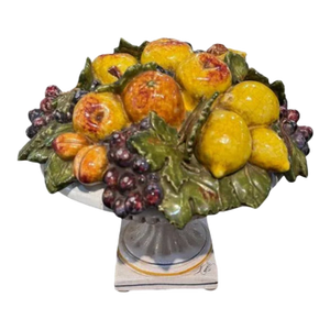 Vintage Round Italian Colorful Hand Painted Ceramic Majolica Fruit Basket With Lid