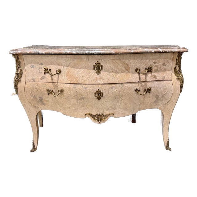 Antique French Louis XV Style Bleached Serpentine 2 Drawer Commode With Marble Top and Ornate Brass Accents - Circa 1900 For Sale