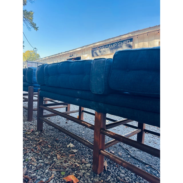 Wood Pair of Mid-Century Modern Pine Frame Benches/Daybeds With Blue Upholstery For Sale - Image 7 of 8
