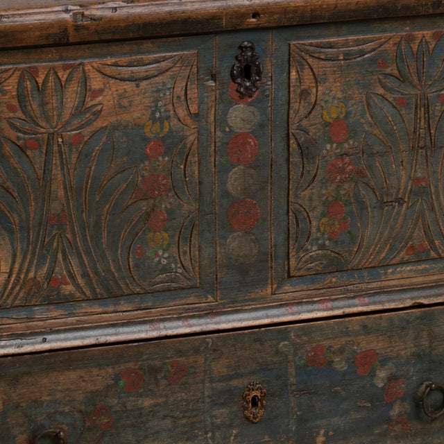 19th Century Blue Painted Carved Flat Top Trunk With Drawer From Hungary For Sale - Image 10 of 14