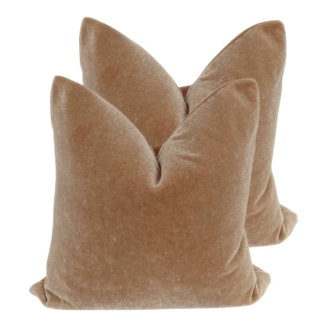 Plush Tan Camel Down Filled Mohair Pillows - A Pair For Sale