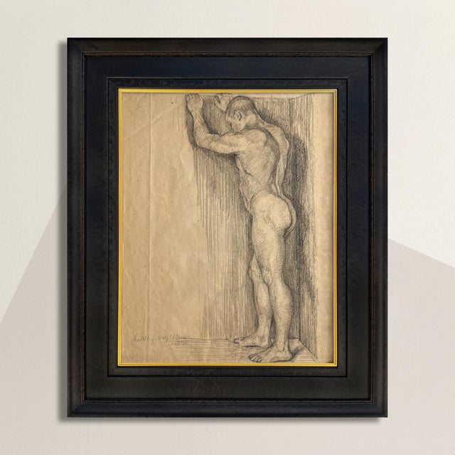 Rendering with a backbone. A single male figure, braced against a vertical plane, all tension and sinew, part study, part...