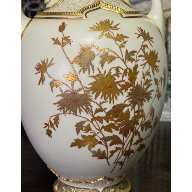 Metal Antique Royal Worcester Porcelain Reticulated Vase, 24 Carat Gold Chrysanthemum Decoration, Aesthetic Movement C1888 #1200 (The Persian Vase) For Sale - Image 7 of 12