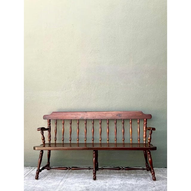 Coffee Vintage Ethan Allen Pine Spindle Back Deacons Bench For Sale - Image 8 of 12