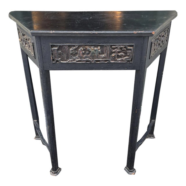 Antique Turn of the Century Chinoiserie Side Table With Hand-Carved and Painted Scenes For Sale