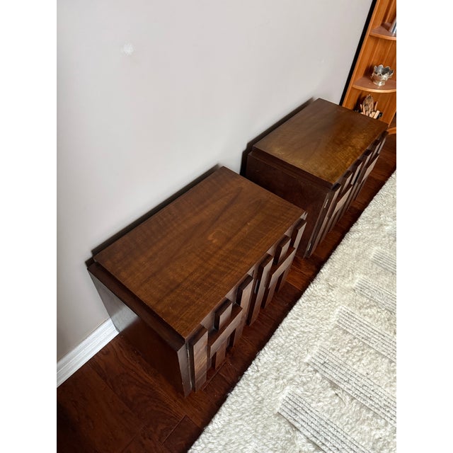 Wood Vintage 1970s Attributed to Lane Staccato Brutalist Side Tables / Nightstands Pair For Sale - Image 7 of 12