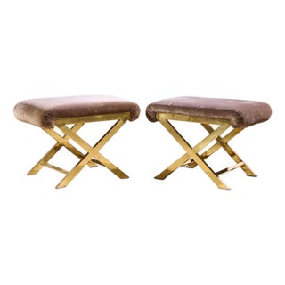 Warren Lloyd for Weiman Mid Century Brass X Base Stools - Pair For Sale