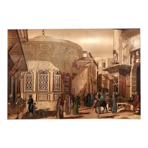Large Vintage El Shami Egyptian Engraved/Etched Copper Panel Art Depicting "The Fountain of Toosoon Pacha"