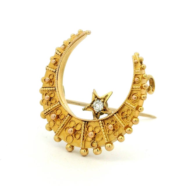 Gold Late 19th Century Victorian 15k Gold Diamond Crescent Moon and Star Brooch For Sale - Image 8 of 13