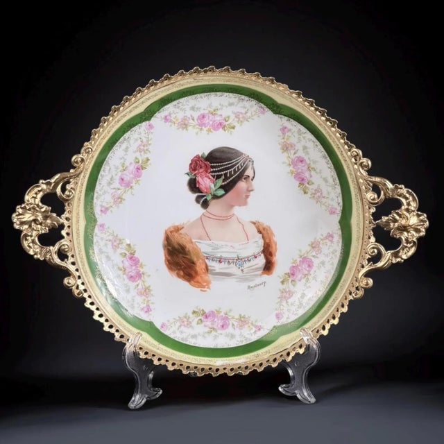 Large Royal Vienna Style Porcelain Portrait Plate in Gilt Metal Frame For Sale - Image 14 of 14
