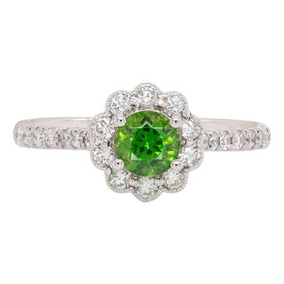 Round Demantoid Garnet and Natural Diamond Ring in Solid 14k White Gold, Size 6.75 For Sale