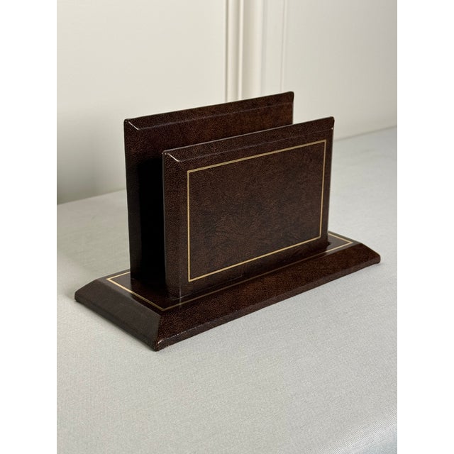Vintage Traditional Genuine Brown Leather Gold Tooling Letter Holder Desk Set For Sale In Houston - Image 6 of 10