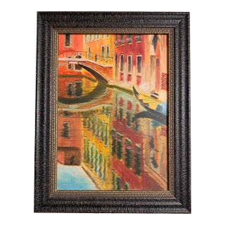 1970s Venetian Dreams: Venice Canals, Vintage Oil on Canvas With Antique Wood Frame For Sale