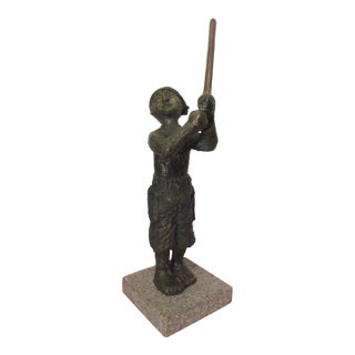 1930s 21lbs Japanese Stylized Figural Fisherman Solid Bronze Marble Statue For Sale