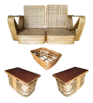 Early 1930s Restored Vintage Paul Frankl Six-Strand Wicker Sofa Rattan Living-Room Set With New Cushions- 4 Pieces