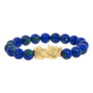 18K Yellow Gold Azurite Beaded Dragon Charm Bracelet For Sale