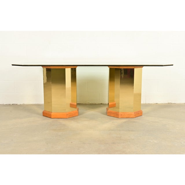 Art Deco Thomasville Modern Art Deco Brass and Glass Double Pedestal Dining Table, Circa 1980s For Sale - Image 3 of 11