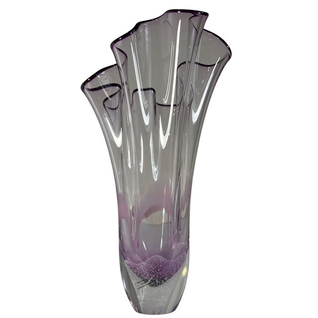11 3/4 In. Vintage 24 % Lead Crystal Amethyst Purple Art Glass Handkerchief Ruffle Vase For Sale - Image 15 of 17