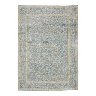 Vintage Allover Botanical Large Blue Wool Hand-Knotted Rug - 8’6” X 12’ For Sale