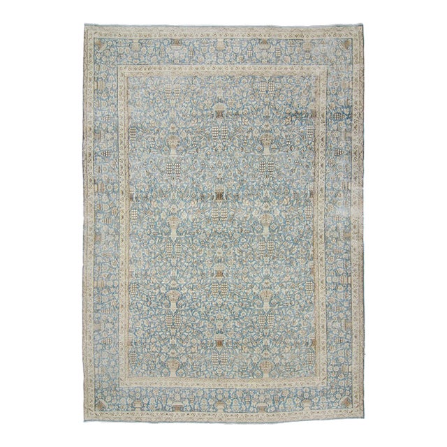 Vintage Allover Botanical Large Blue Wool Hand-Knotted Rug - 8’6” X 12’ For Sale