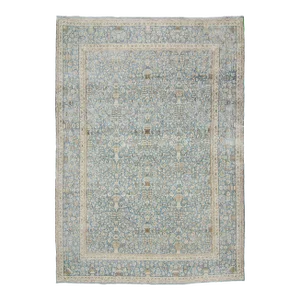 Vintage Allover Botanical Large Blue Wool Hand-Knotted Rug - 8’6” X 12’