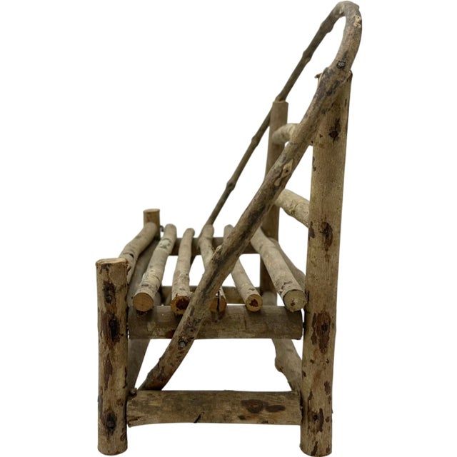 Vintage Miniature Rustic Twig Wood Bench Chair Adirondack Log Cabin Folk 10.5"h For Sale - Image 4 of 13