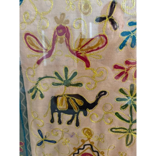 Textile Indian Embroidered Silk Camel & Elephant Ceremonial Textile Panel in Acrylic Frame, Late 19th Century For Sale - Image 7 of 8