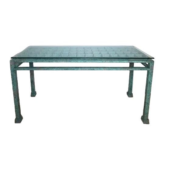 Vintage Verdigris-finished console table makes a sophisticated statement in an entryway, living room, or hallway. Crafted...