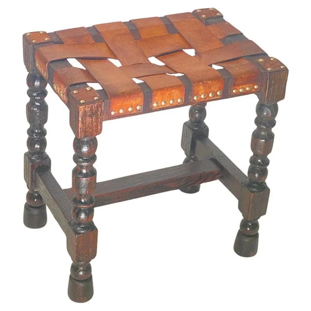 English Brown Stool in Wood and Leather with Twisted Legs, 20th Century For Sale - Image 12 of 12