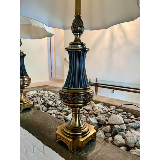 Metal Vintage Brass Pineapple Table Lamps Lighting in Black With Brass With Shades - a Pair For Sale - Image 7 of 9