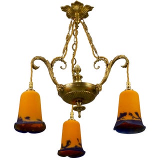 Neoclassical French Bronze Chandelier in Pate De Verre Glass by Jean Noverdy For Sale