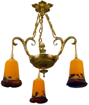 Neoclassical French Bronze Chandelier in Pate De Verre Glass by Jean Noverdy