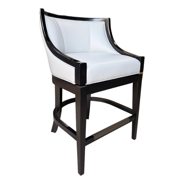Jessica Charles Sky Blue Leather Counter Stool With Black Wood Frame and Legs For Sale