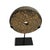 Beautiful modern style vintage black stone disk on iron stand. Textured chiseled stone each unique in natural qualities....