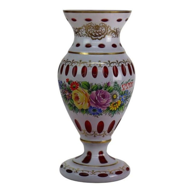 Late 19th Century Pair Oversized Hand Painted & Gilt Cut to Cranberry Bohemian Glass Vases C1890 For Sale - Image 5 of 6