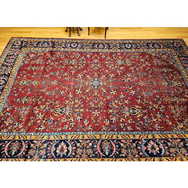 Vintage Persian Kashan Rug, Hand-Knotted Wool, Allover Floral Pattern, Red & Navy, 9x14 For Sale In Chicago - Image 6 of 17