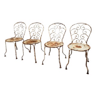 Antique Chippy Paint and Rusty Metal Garden Chairs, 1920s, Set of 4 For Sale