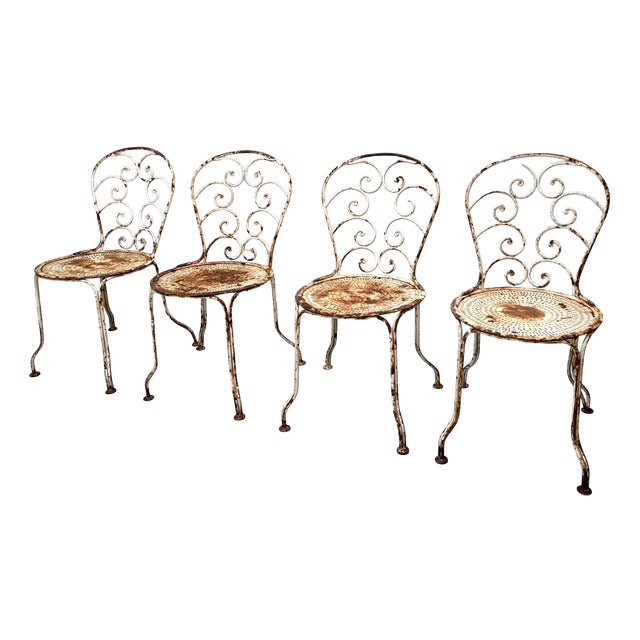 Antique Chippy Paint and Rusty Metal Garden Chairs, 1920s, Set of 4 For Sale