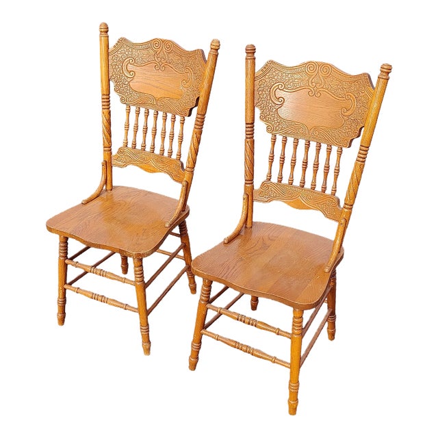 Mid 20th Century Vintage Solid Wood Carved Pressed Back Dining Chairs, Set of 2 For Sale
