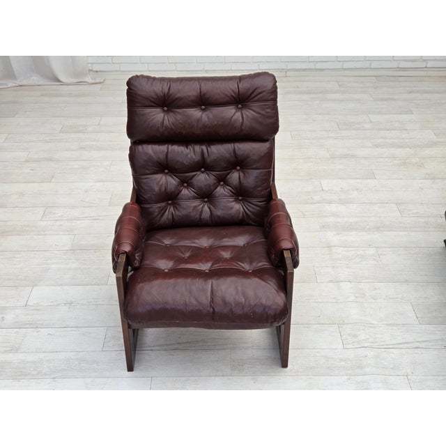 Vintage Scandinavian Highback Chair in Leather and Dark Beech, 1970s For Sale - Image 11 of 18