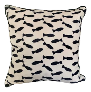 Boho Chic Black and White Embroidered Fish Cotton Pillow