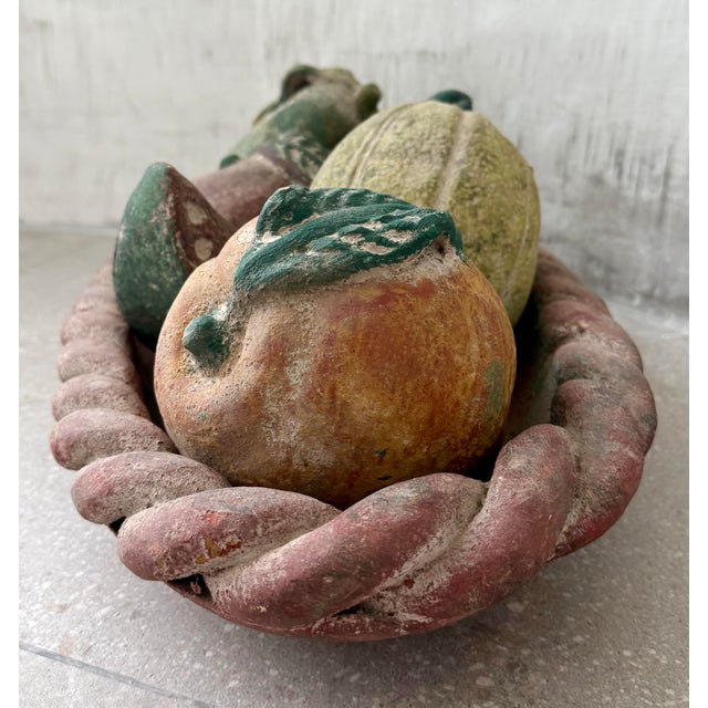 1970s 1970’s Vintage Monumental Mexican Folk Art Hand-Painted Terracotta Clay Fruit in Braided Oval Bowl, Centerpiece - Set of 6 For Sale - Image 5 of 12
