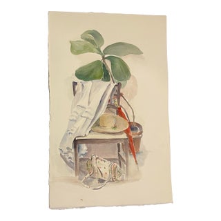 1980’s Original Impressionist Still Life Watercolor Painting With Hat Umbrella & Plant For Sale