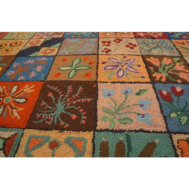 1930s Multi Geometric Folk Art Antique American Hooked Rug 6' X 8'9" Woven Wool Carpet For Sale - Image 9 of 12