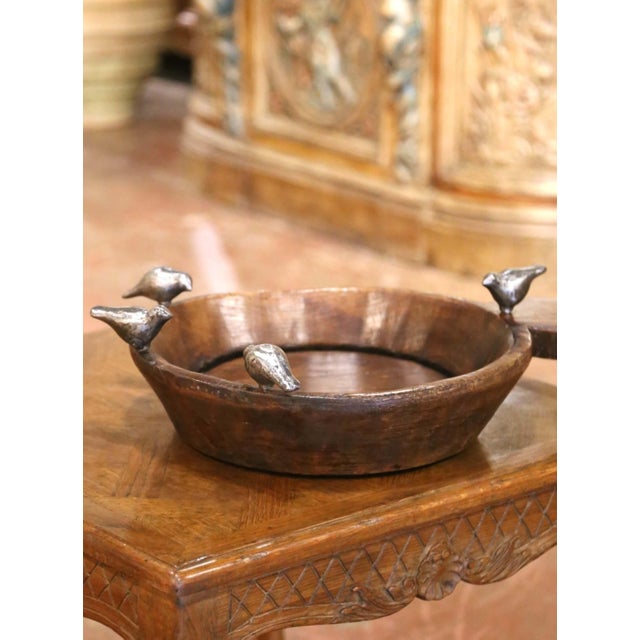 Wood Vintage Jan Barboglio Hand-Carved Wood Bowl With Cast Iron Birds For Sale - Image 7 of 8