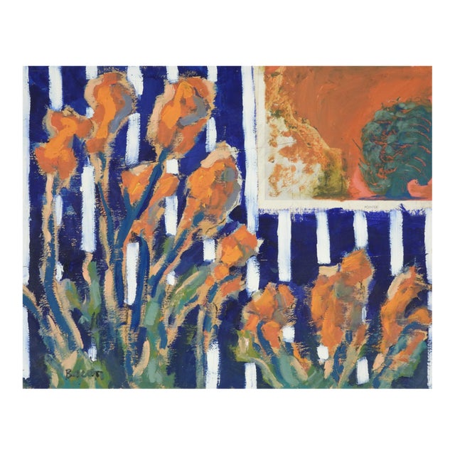 Contemporary Expressionist Floral Blue Stripe Painting For Sale
