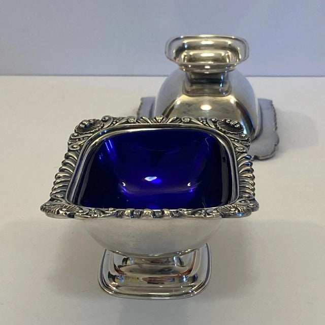 Vintage Ellis Barker English Silver Plate Cobalt Glass Salt Cellars - a Pair For Sale - Image 9 of 10