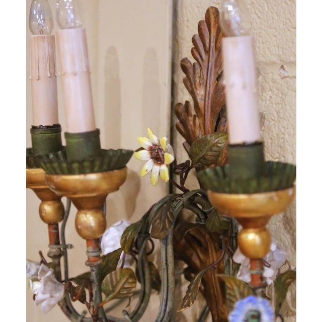 Gold Pair of Mid-Century Italian Tole and Porcelain Floral Three-Light Wall Sconces For Sale - Image 8 of 10