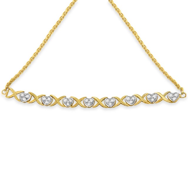 Contemporary 10K Yellow Gold over .925 Sterling Silver 1/10 Cttw Diamond Heart and X-Link 6”-9” Adjustable Bolo Bracelet (H-I Color, I2-I3 Clarity) For Sale - Image 3 of 4